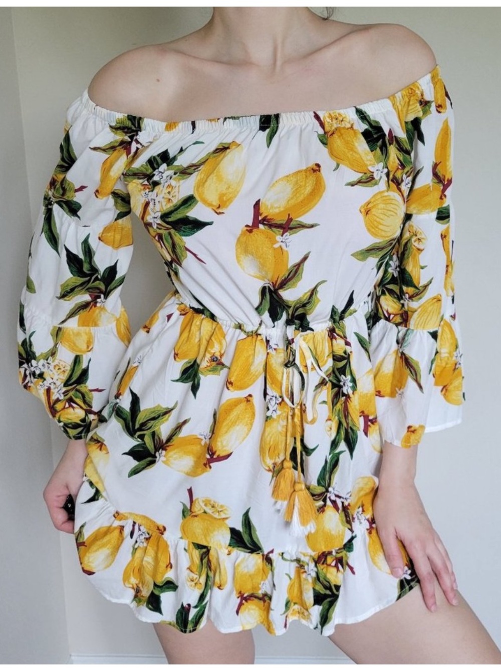 blue island Off-Shoulder Lemon-Print Dress Off White Yellow & Green With Tassels